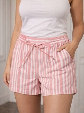 Striped Pink Drawstring Bermuda Shorts with Pockets